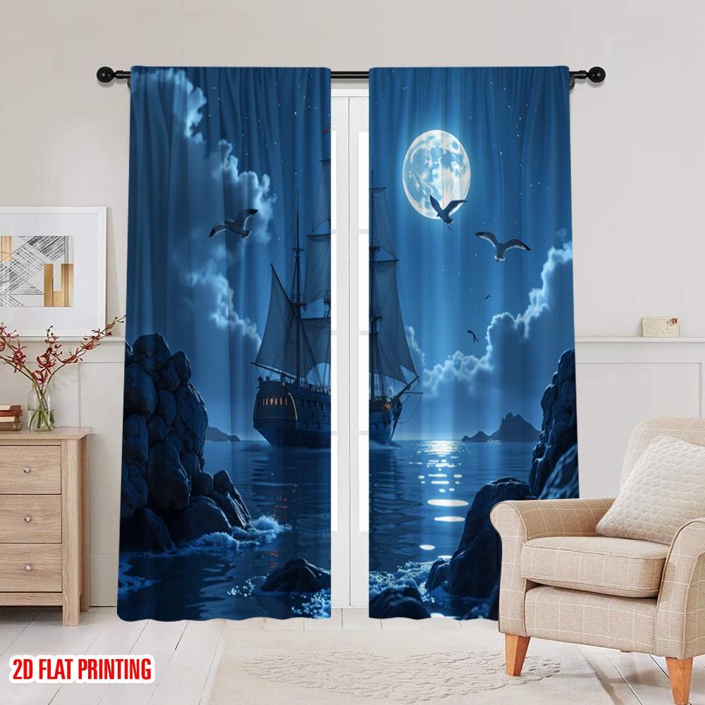 Flat Printing Window Curtains Moonlit Ship Polyester Without Electricity Family Party Decoration Suitable Home Curtain Set Of 2 Made Washable