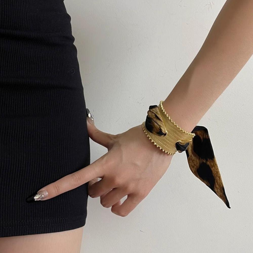 Metal Cuff Bangles with Ribbon Minority Design Exaggerated Bracelet Wide Open Bangle  Women