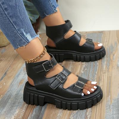 Damen Punk Plateau Keilabsatz Sandalen Sommer 2025 PU Leder Dicke Sohle Sandalen Damen Schnallenriemen Rutschfeste Römische Schuhe Große Größen 43