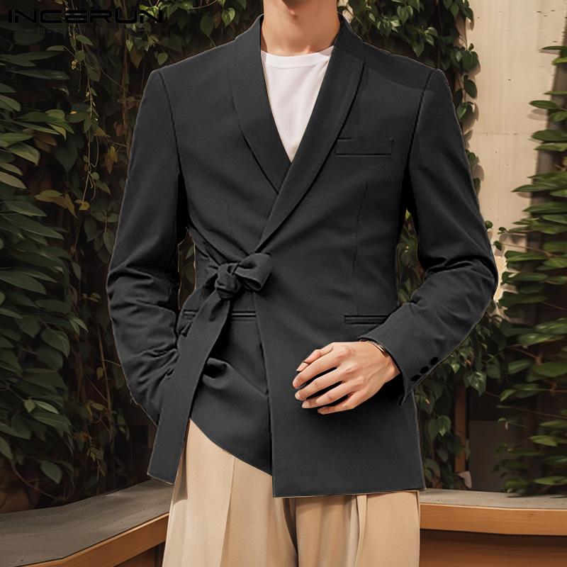 INCERUN Men Lapel Neck Long Sleeve Side Lace-up Casual Loose Thin Blazer Oversized Coats