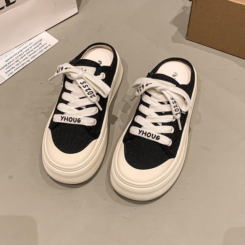 Thick-soled bag head half slippers women's summer wear 2025 new little white shoes pregnant women retro one-pedal lazy shoes