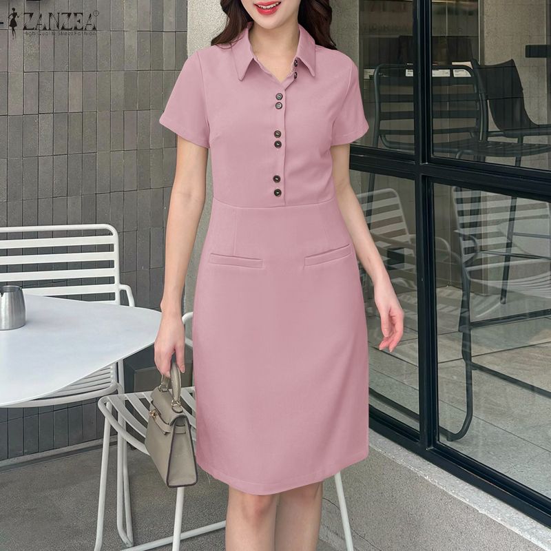 ZANZEA Lässiges Kleid mit Umlegekragen und einfarbigen Kurzarm für Damen