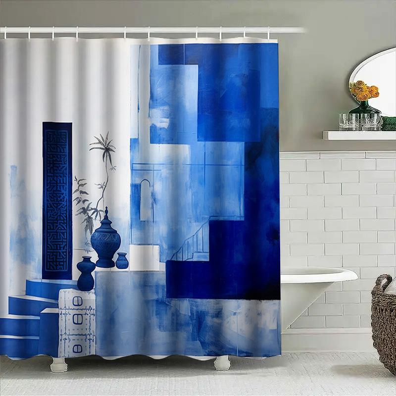 Modern Blue Bath Curtain Decorative Shower Curtain Set For Bathroom High-Quality 100% Waterproof Polyester Fabric Customizable S