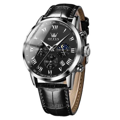 OLEVS Luminous Black Leather Analog Business Arm Watch for Popular Roman Easy To Date Watch for Leather Band Watch Men's Watch, Black, Stylish,