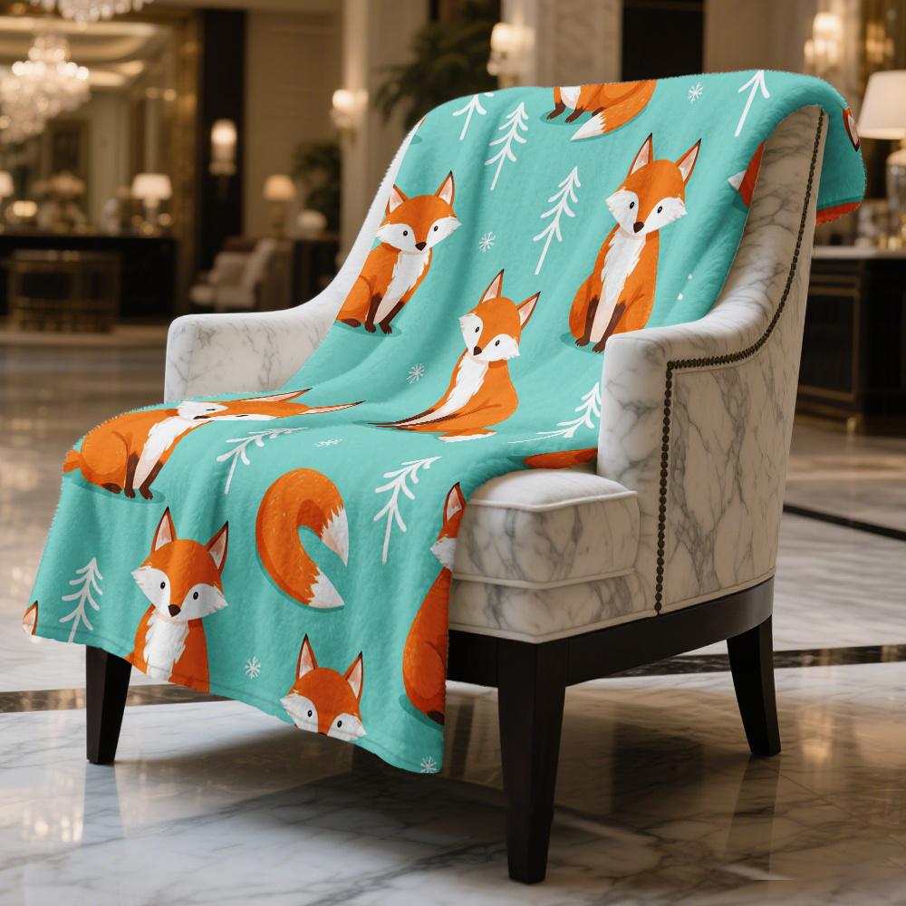 Süßer Fuchs Wintermuster Flanell Überwurf Türkis Orange Füchse Kiefern Design Weich Gemütlich Ganzjahres für Bett Sofa Auto Büro