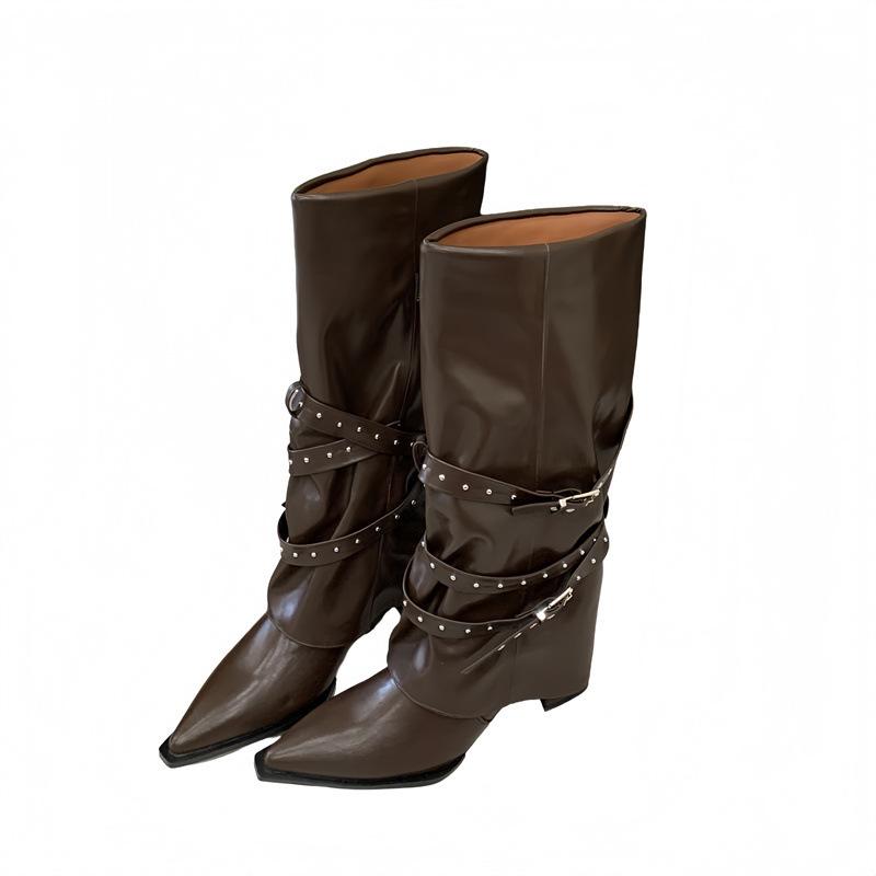 2025 Autumn and Winter New Trouser Boots Thick Heel Rivet Belt Buckle But Knee Boots Pointed High Boots Women