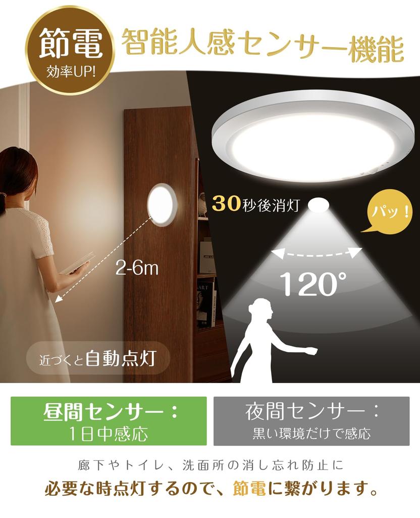 Indoor LED Sensor Light with Motion Sensor, Type-C Rechargeable, Dimmable and Color-Adjustable, Compact, 12W, 2000lm, 5-Level Timer, Memory Function,