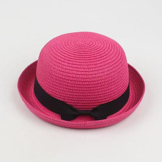 Parent-child Beach Hat Dome Curved Brim UV Protection Hat Handwoven Summer Outdoor Straw Hat with Black Satin Ribbon Bow