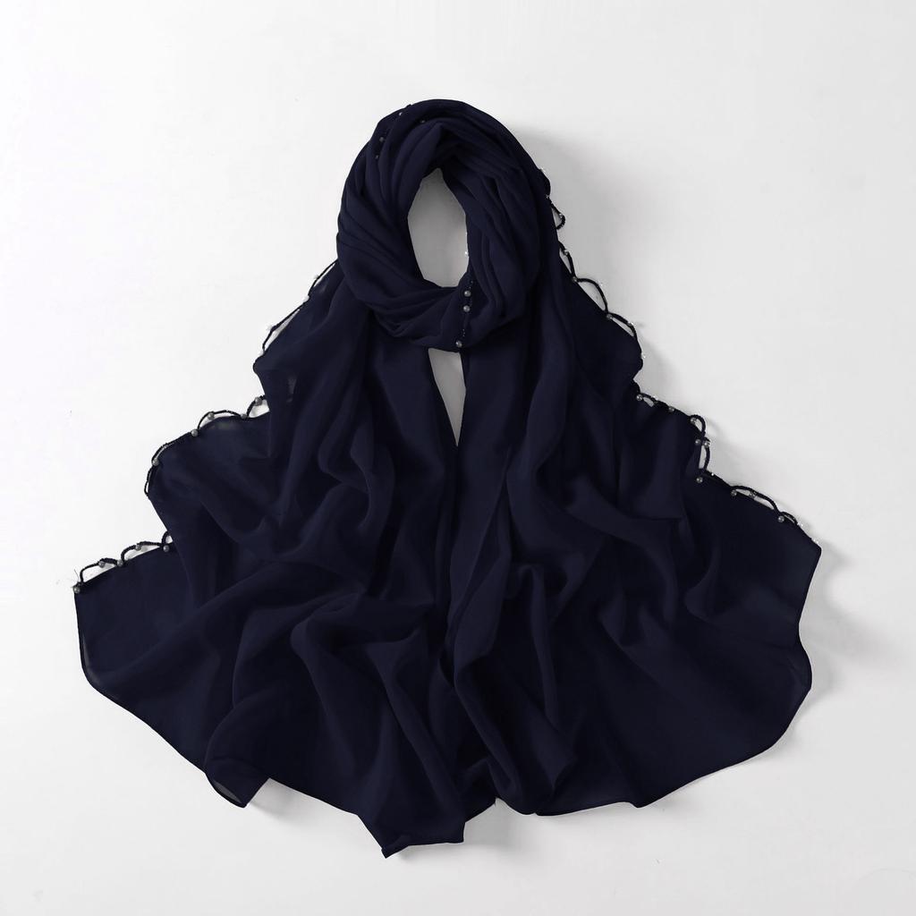 Pearl Edge Chiffon Hijab Scarf Women Muslim Long Shawl Soft Plain Head Wrap Beaded Border Lightweight Islamic Turban