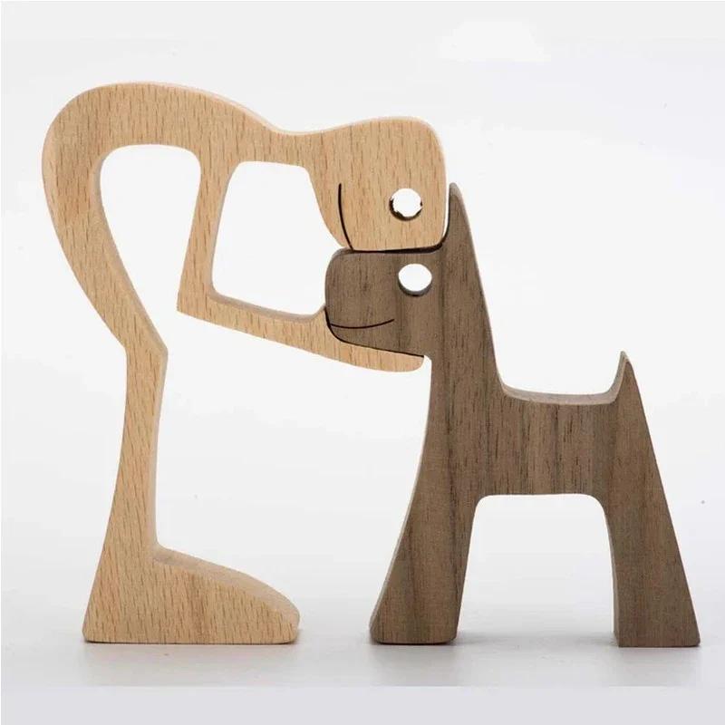 Famiglia Cucciolo Legno Cane Artigianato Figurina Regalo di San Valentino Modello di Intaglio Decorazione per Casa Ufficio Regalo di Natale Decorazione per Coppia
