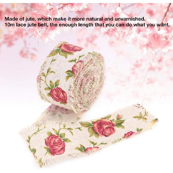 Burlap Ribbon, 32.8ft Long x 2.0in Wide Rose Flower Printed Burlap Ribbon Hessian Jute Belt Strap Wedding Cloth Decoration