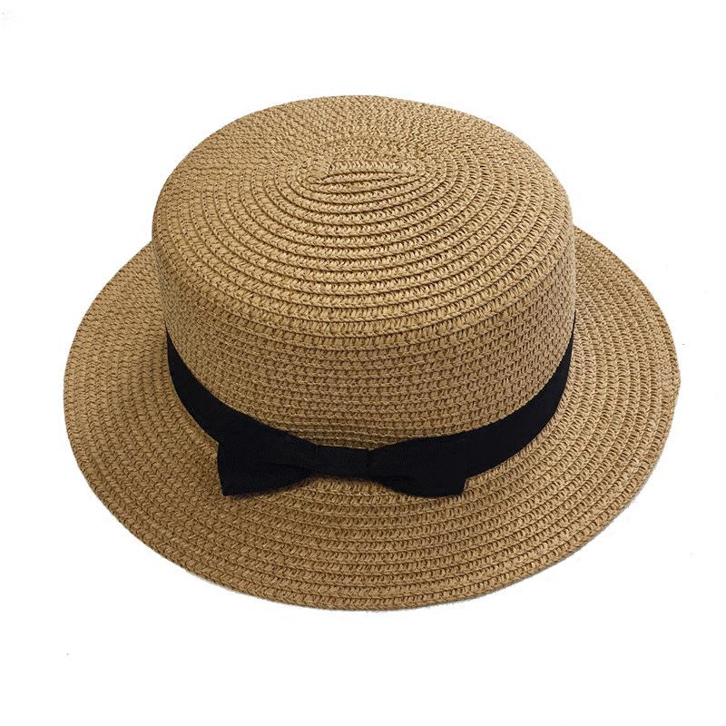 Korean Style Women's Straw Sun Hat with Flat Brim and Bow – Trendy Summer Beach Hat for Sun Protection