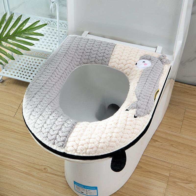 Four seasons with zipper toilet cover, winter velvet thickened toilet seat cushion thickened to keep warm серый