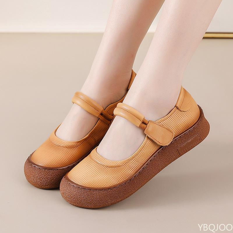 Ladies Mary Jane Shoes Womens Genuine Leather Comfort Flats Hollow Fashion Hook Loop Lightweight Soft Shoes Woman Strap Moccasin