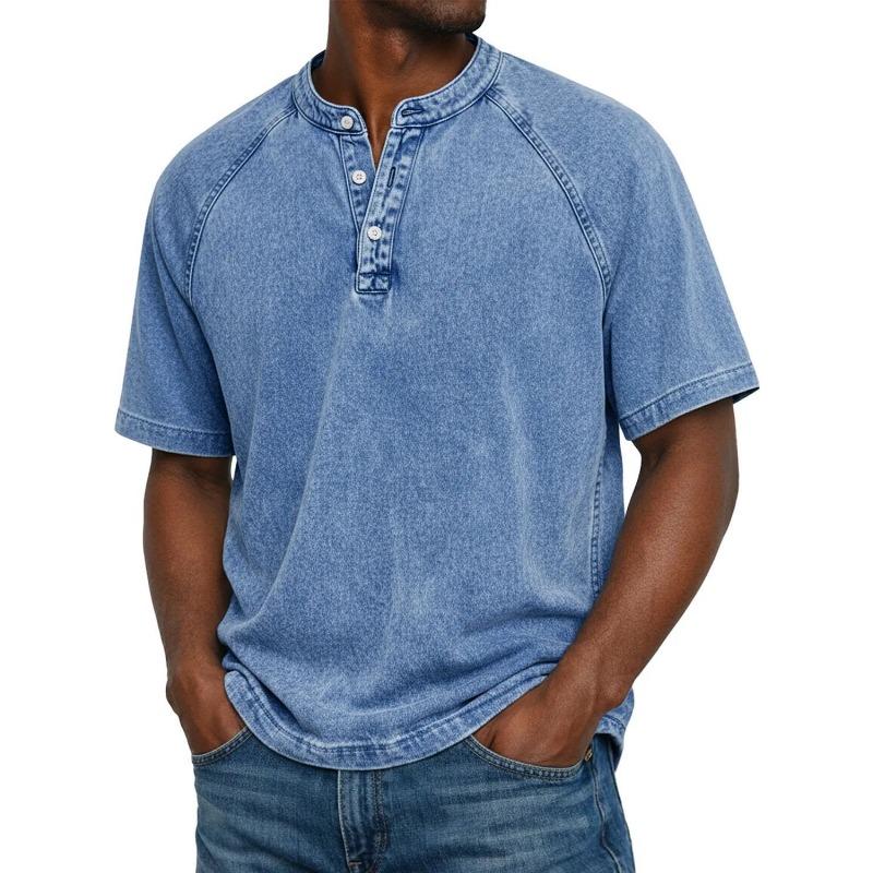 Mens Casual Washed Denim Henley Neck Short Sleeve T Shirt S
