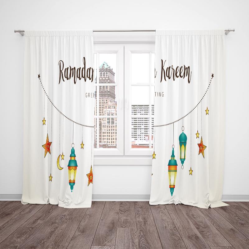 2PCS- Islamic Muslim Party Curtain for Eid al-Fitr Moon Deluxe Curtain for Living Room Bedroom Decoration