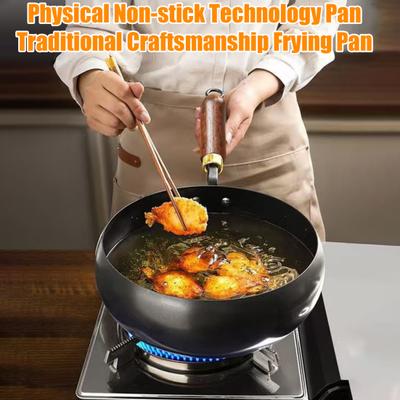 Padella Wok Tradizionale in Ferro Martellato con Rivestimento Antiaderente Manico in Legno Padella per Friggere Utensile da Cucina Giapponese per Fornelli a Gas e a Induzione