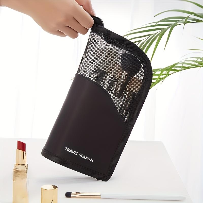1 bolsa organizadora de brochas de maquillaje de alta capacidad con soporte para mujer - Portátil, Duradera con Bolsillo de Malla, Diseño de Temporada de Viaje Negro, Fácil de Usar