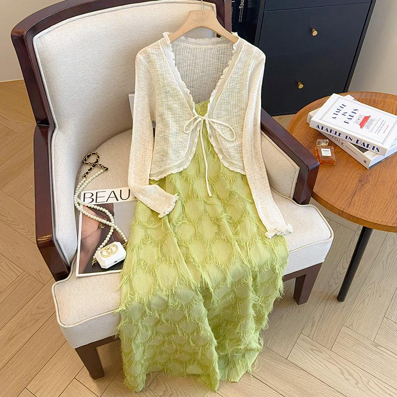 Plus Size Women's Spring/Summer 2025 Fringe Tank Dress & Knitted Cardigan Set