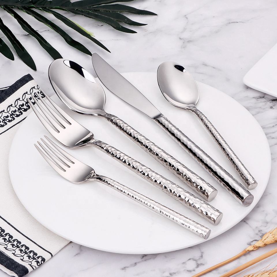 5/10/15/20Pcs Gold Heavy Cutlery Sliver Dinner Set Stainless Steel Tableware Mirror Western Hammer Pattern Handle Knife Fork