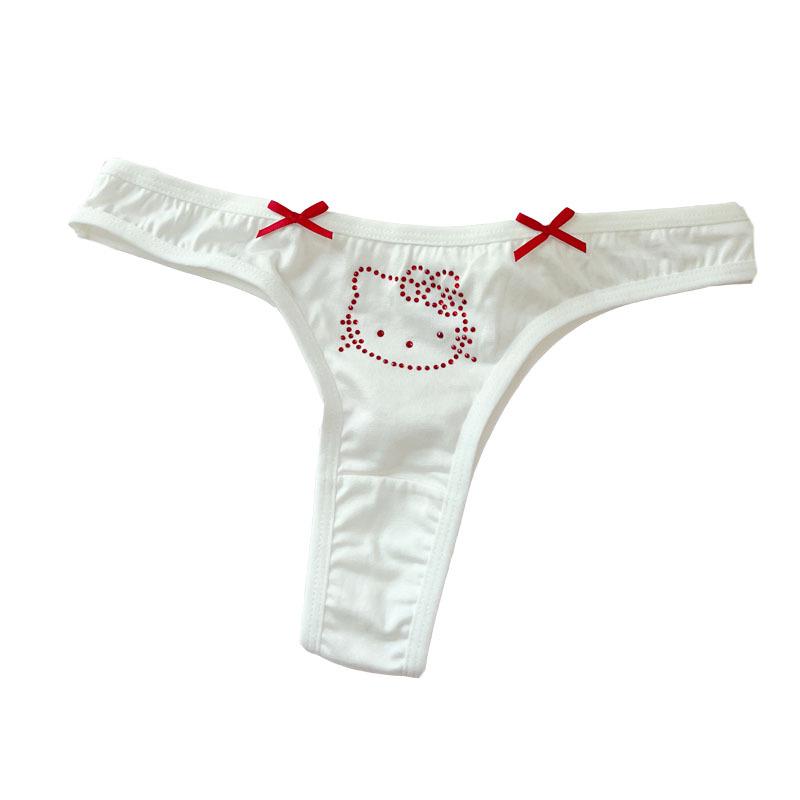Cute Kitty Rhinestone Bow T-Back Underwear: Pure Cotton, Sporty, Comfortable Thong for Students and Young Women