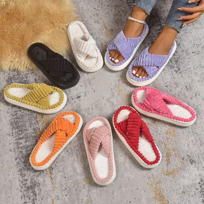 Fashion Cross Strap Slippers Women Fashion New Females Soft Corduroy Platform Home Slides Men Portable Warm Plush Sandals Women's Shoes