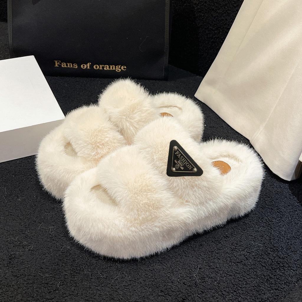 Thick bottom heightening fluffy slippers women wear autumn and winter Internet celebrities light luxury versatile cotton drag home explosion slipp