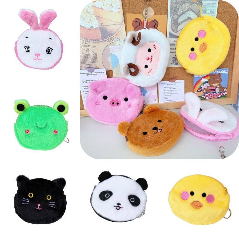 Cute Plush Coin Purse With Bear Head Design Cartoon Print Polyester Material