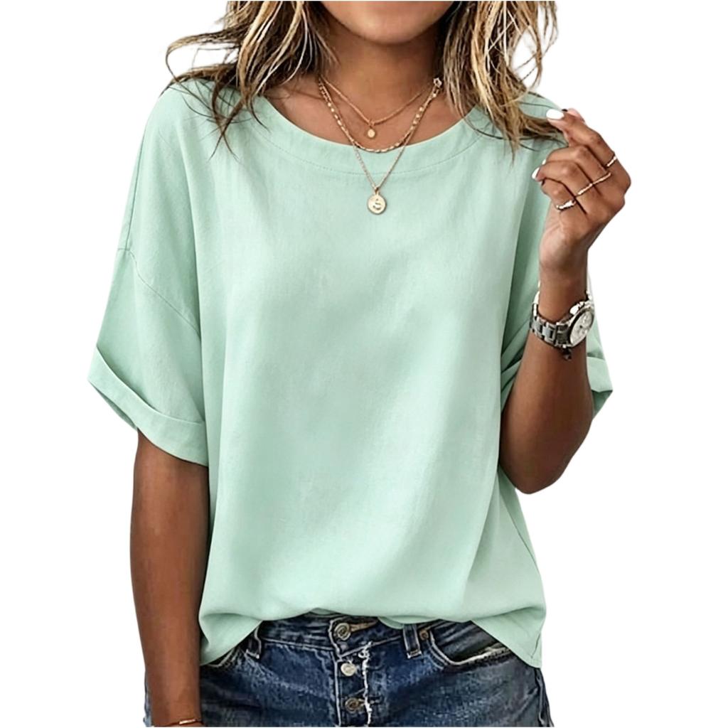 Top da Donna Casual Largo Girocollo Manica Corta Tessuto Misto Cotone Lino Leggero Traspirante Camicia Estiva