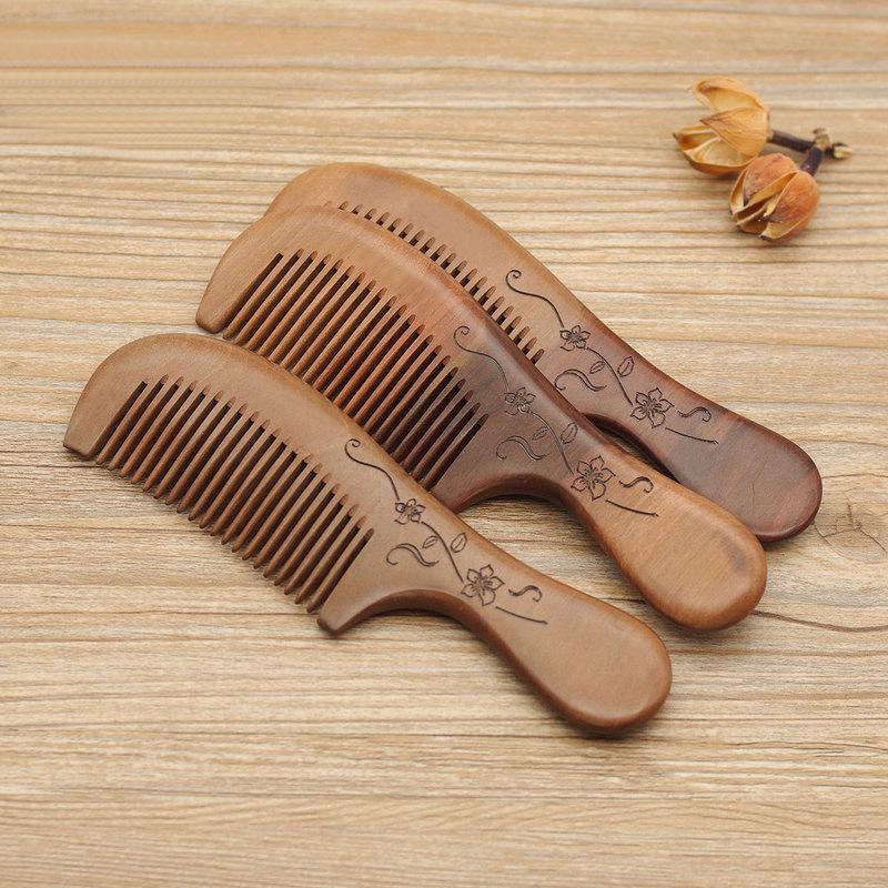Peach Wood Carved Comb with Fine and Medium Teeth - Handleless, Floral Design