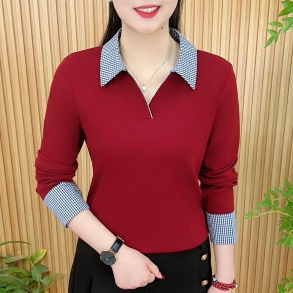 2025 spring new product shirt collar T-shirt top women's middle-aged women's clothing age-reducing fashion contrasting color simple versatile shirt