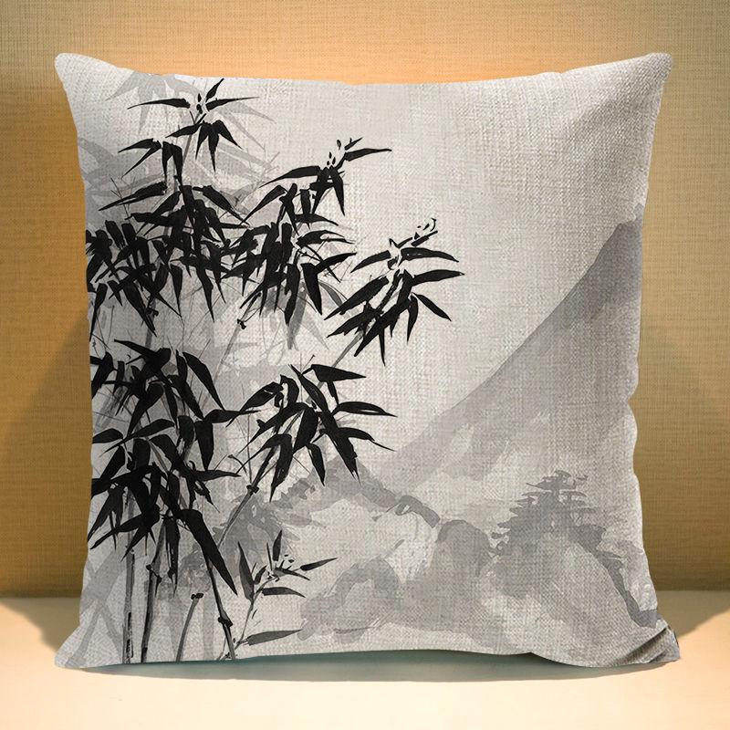 Chinese Ink Plant Pillow Case Flowers Xcm Square Decorative Cushion Cover for Sofa Home Printed Throw Polyester Pillowcase