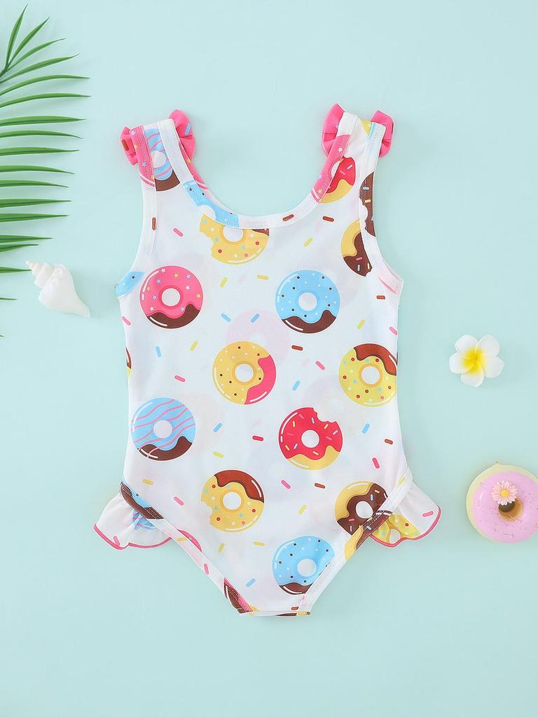 One Piece Swimsuit for Little Girls, Sleeveless Ruffle Donut Print Bathing Suit for Kids 1-8 Years