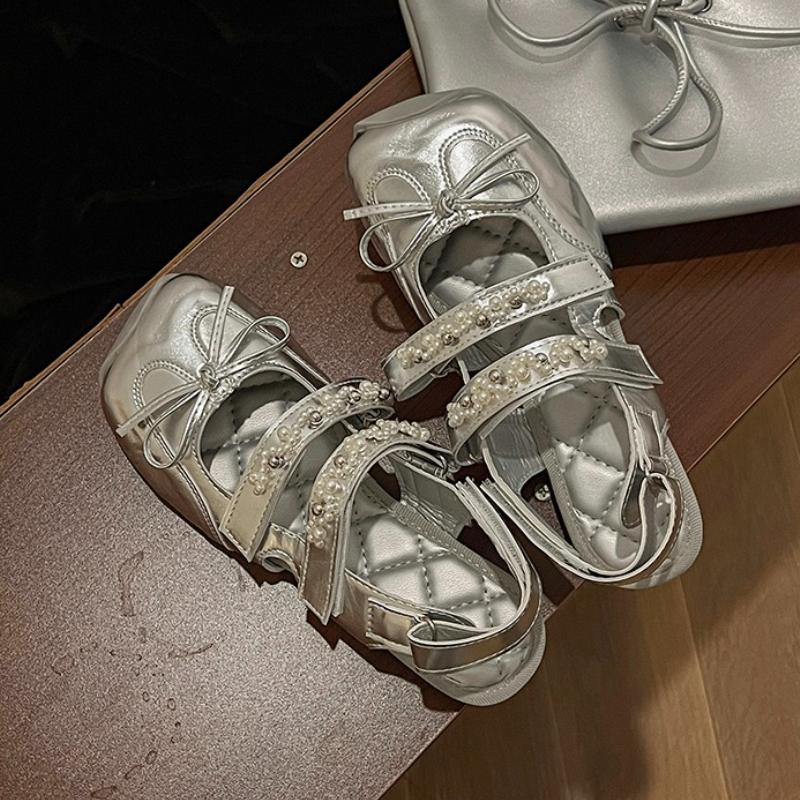 Bow Women Flats Square Toe Sandals Beaded Casual New Shoes 2025 Summer Trend Slingback Woman Slippers Sandalias De Mujer