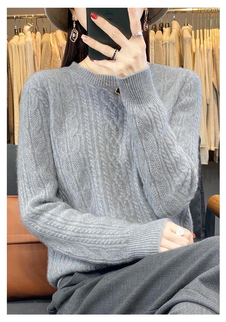Women's Solid Color Wool Knit Sweater: Round Neck, Cashmere, Jacquard, Autumn/Winter Pullover
