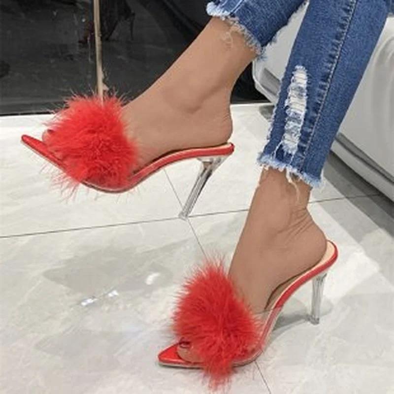 2024 New Summer High-heeled Plus Size Sandals and Slippers Women Fine-heeled Suede Furry Pointed Toe Fashion Women's Shoes