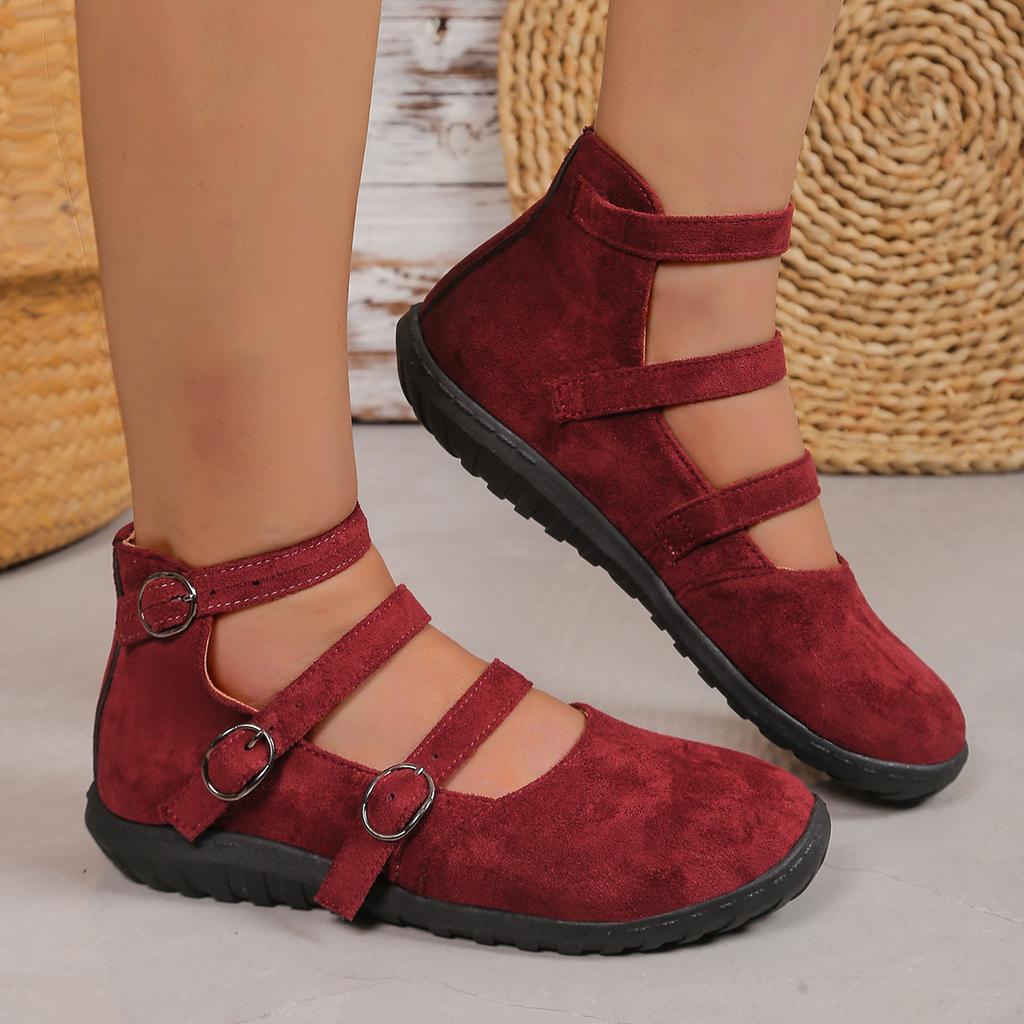 Retro double buckle cloth shoes single shoes women's large size square head light mouth suede