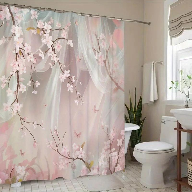1pc Cherry Blossom and Butterfly Polyester Shower Curtain - Floral Print Bathroom Decor with Hooks, Machine Washable