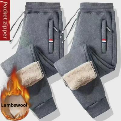 Men's Winter Lambskin Sweatpants: Plus Velvet, Thickened, Cuffed, Casual Trousers, Stylish Workwear Sports Pants.