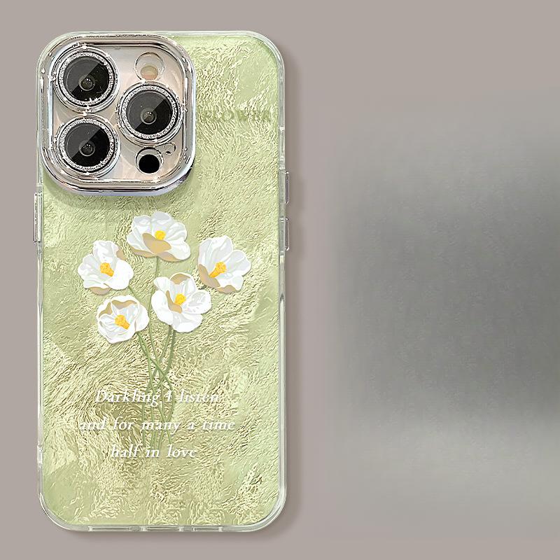 Pink Florals Suitable for Apple 16pro Glacier Pattern Mobile Phone Case 15 Full-inclusive Lens Film 14 Spring and Summer 13 Small Fresh X