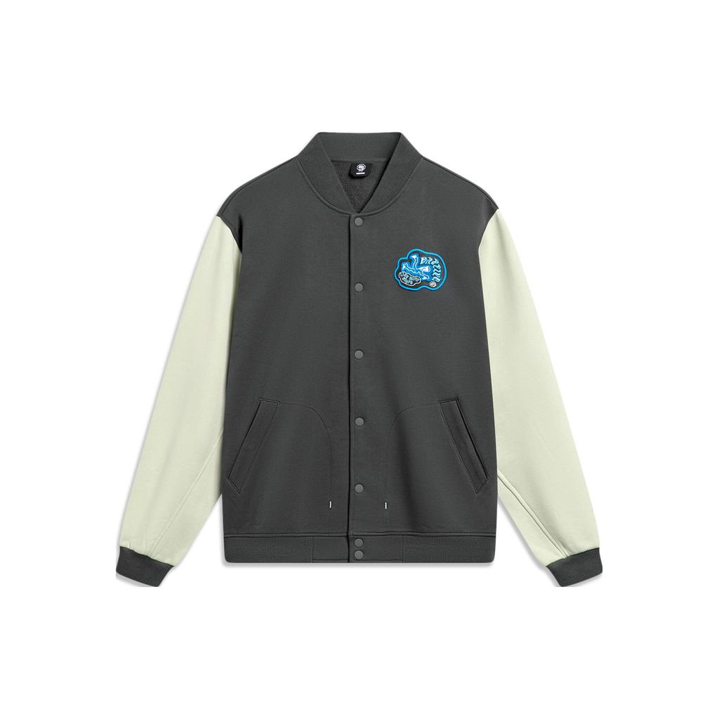 Li Ning Basketball Collection, Letter Print Baseball Collar Fleece Lined Jacket Men's Obsidian Gray AJDU007-5