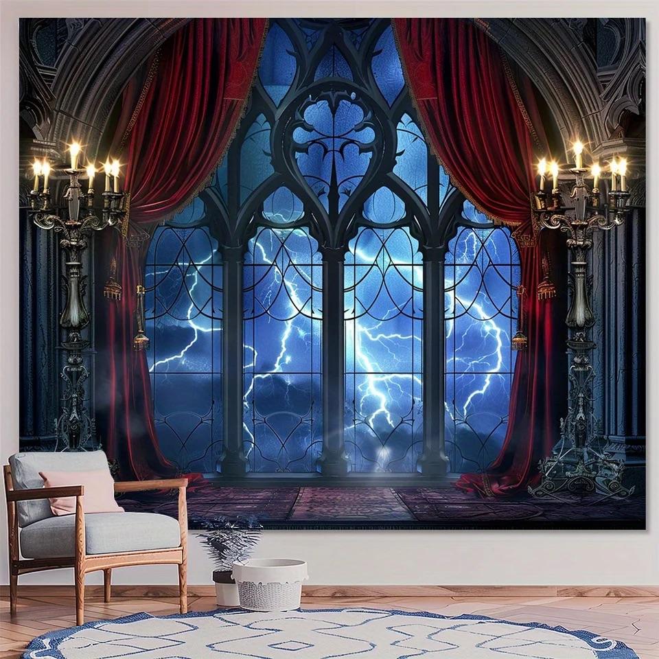 Gothic Vampire Medieval Castle Moon Bat Background Cloth, Halloween Party Decoration Background Photo Props