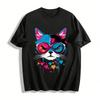 Cool Color-block Love Heart Sunglasses Cat Print Casual T-shirt Pure Cotton T-shirt
