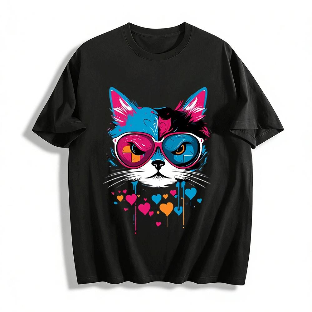 Cool Color-block Love Heart Sunglasses Cat Print Casual T-shirt Pure cotton T-shirt XXS