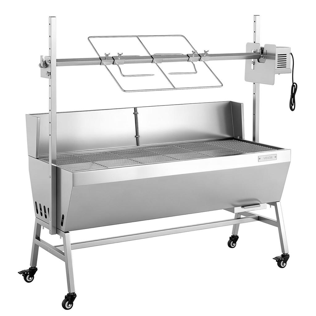 Parrilla Rotisserie, Asador de Cerdo y Cordero para Barbacoa Exterior de 38W, Asador de Carbón con Capacidad de 60 kg, Ruedas y 4 Niveles de Altura, Acero Inoxidable