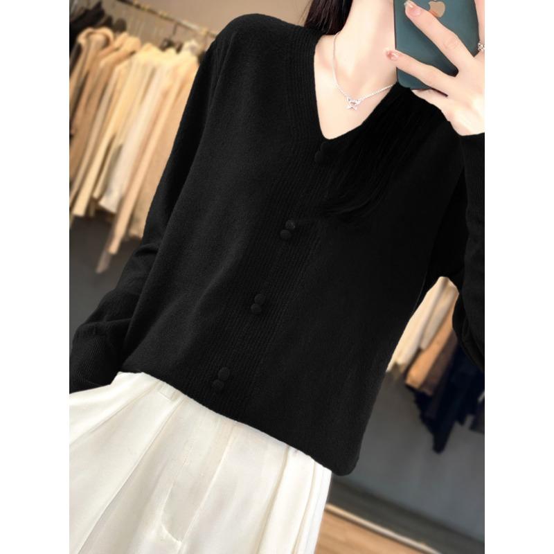 

Женский свитер с V-образным вырезом, новый вязаный свитер на осень и зиму, универсальная и тонкая базовая рубашка, шерстяной внутренний топ, женская одежда XXL чёрный