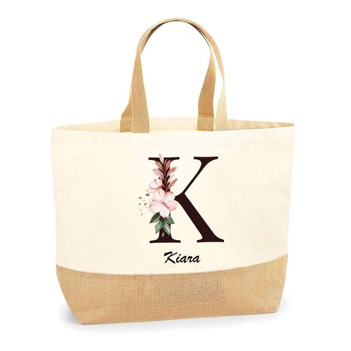 Cabas de plage - PLANETEE - Kiara Lettre Fleur - jute naturel - multicolore - Fabriqué en France