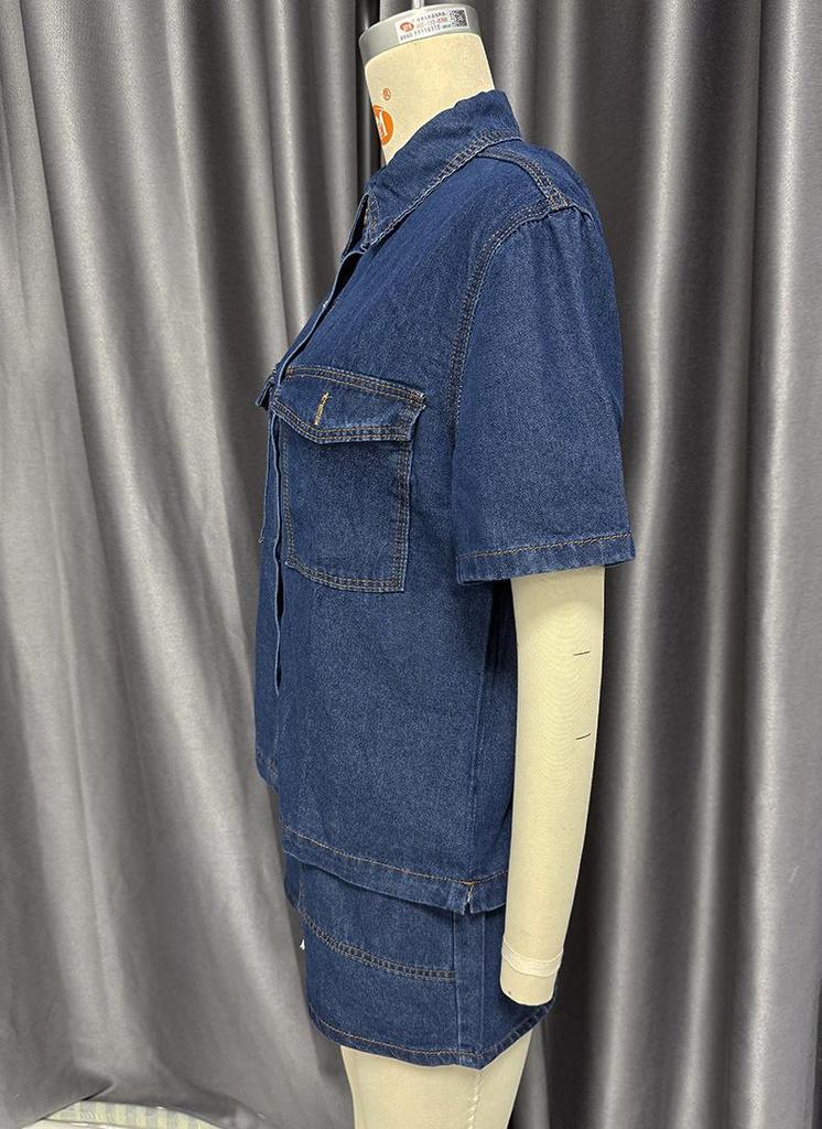 2025 Retro Lässiges Denim Kurzarmhemd & Shorts Set - Damen Frühling/Sommer