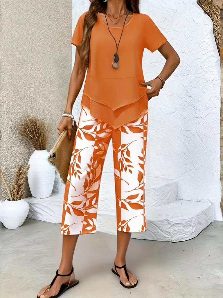 Light Blue Short Sleeve Two Piece Set with Cropped Top and Printed Pants