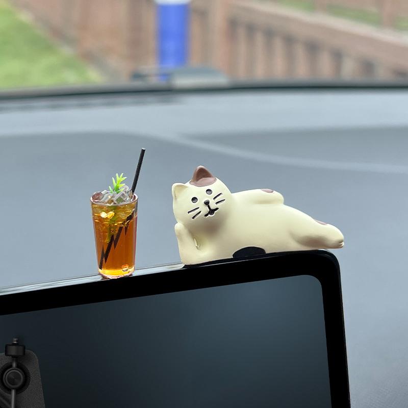 

1 Set Mini Lemon Tea Coffee Action Figure Auto Dashboard Ornaments Kawaii Cartoon Cat Car Interior Decoration DIY Accessories